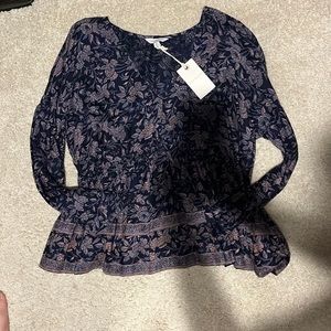 Lucky Brand Floral Navy and Mauve Long-Sleeve Peplum Top